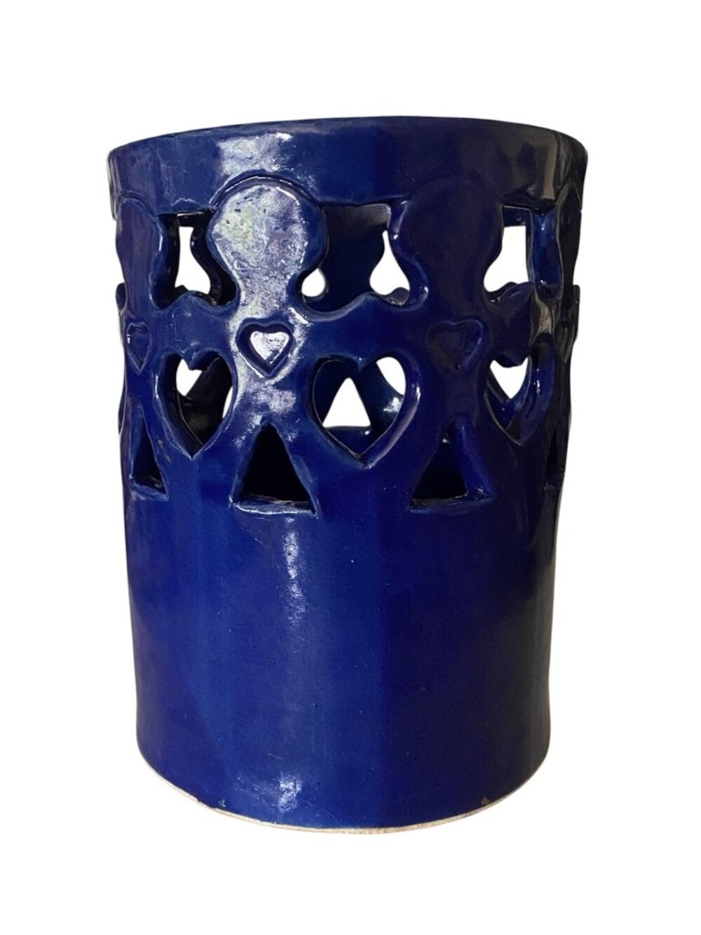 Vtg Signed Studio Pottery Cobalt  Kitchen Utensil Holder Cutout Children Hearts